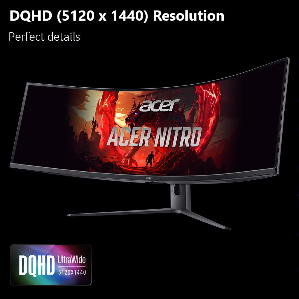 acer Nitro EI491CUU - Monitor da gioco da 49", UltraWide DQHD 5120 x 1440, 1000R 32:9 curvo, AMD FreeSync, frequenza di aggiornamento 240 Hz, 3 ms (da G a G), 1 porta display 1.4 e 2 porte