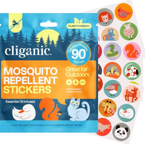 Cliganic Mosquito Repellent Stickers for Kids & Adults (90 Pack) - Animal Patches Natural DEET-Free Essential Oil Infused Insect Repelling Garments