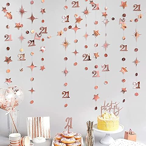Rose Gold Number 21 Circle Dot Twinkle Star Garland Kit Metallic Hanging Streamer Bunting Banner Backdrop Decoration for Girls Women 21st Birthday Finally Legal 21 Anniversary Wedding Party Supplies Cover