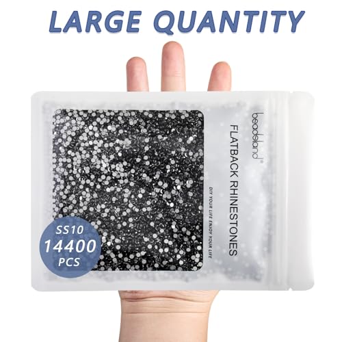 Image of Beadsland Flat Back Crystal Rhinestones Bulk, Jet Hematite, SS10, 14400pcs | Flatback Glass Gems for Nails Crafts Clothes DIY Decoration, Glue Fix, 2.7-2.9mm