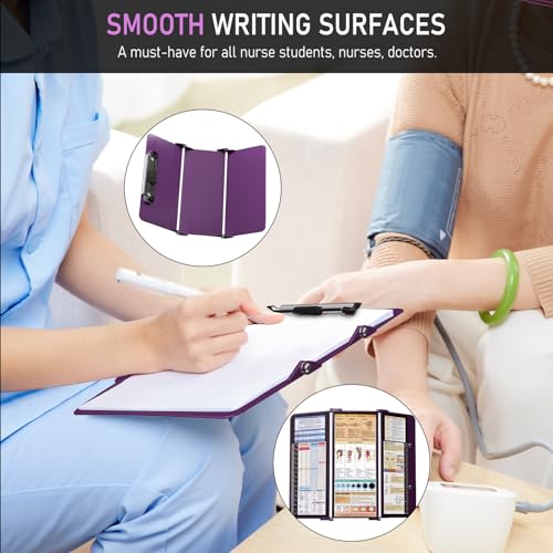 Image of Nursing Clipboard Foldable w /Nursing Edition Cheat Charts, 3 Layers Aluminum, Nurse Board w /Low Profile Clip&Pen Clip Pocket Blank for Nurses, Doctors, Dark Purple