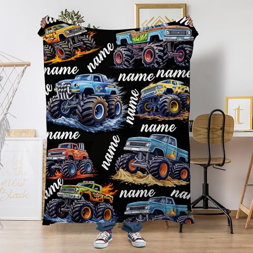 Ipplee Personalized Monster Truck Blanket with Name for Boys