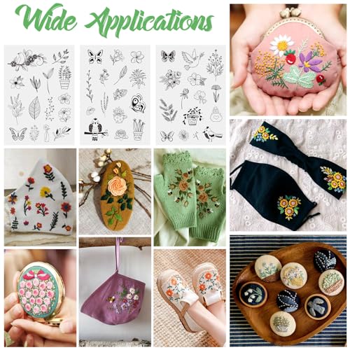 Image of Magibeads 60 Patterns Leaf Flower Bird Insect Water Soluble Embroidery Patterns Plant Bonsai Butterfly Spring Stick and Stitch Transfer Embroidery Paper for Adult Beginners Hand Sewing Starter Kit