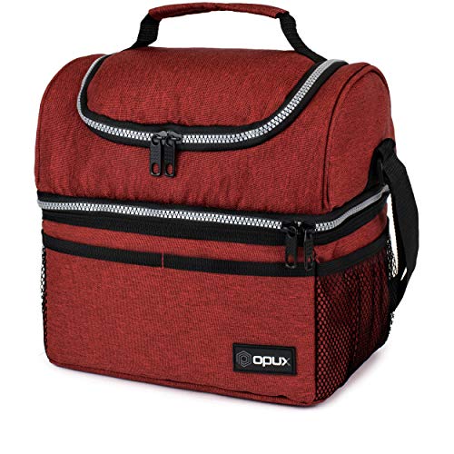 soft sided lunch box - opux Insulated Dual Compartment Lunch Bag for Men, Women | Double Deck Reusable Lunch Box Cooler with Shoulder Strap, Leakproof Liner | Medium Lunch Pail for School, Work, Office (Heather Red)