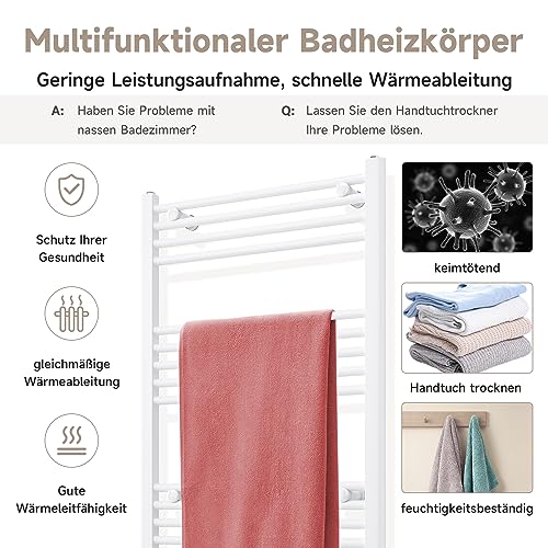 SUNXURY Badheizkörper Elektrisch Weiß 1150x600 mm Handtuchheizkörper Elektrisch mit Mini-Thermostat Auswählbar Panel Handtuchhalter Wasser Mittelanschluss 600 Watt
