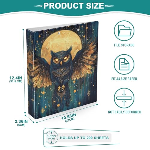 Image of 3 Ring Binder Owl Moon Moth Moon 1.5 inch Binders Three Ring Binders with Clipboard Fit 8.5'' x 11'' Paper 3 Interior PVC Clear Pockets for Office Supplies