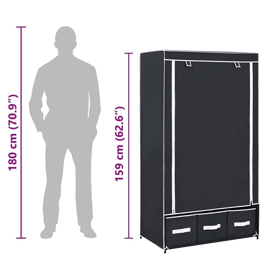 Kleiderschrank Schwarz 87 x 49 x 159 cm Stoff mit 3 Schubladen und Kleiderstange, platzsparender Faltschrank für Schlafzimmer, Flur, Kinderzimmer, Robustes Vliesmaterial, einfache Montage