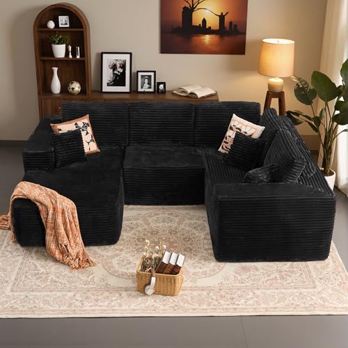 Image of HOOOWOOO Cloud Sectional Couches for Living Room,Modular Sectional Sofa No Assembly,110X79 Inch Plush Corduroy Large U Shaped Floor Couch Set with Deep Seat Chaise(Black)