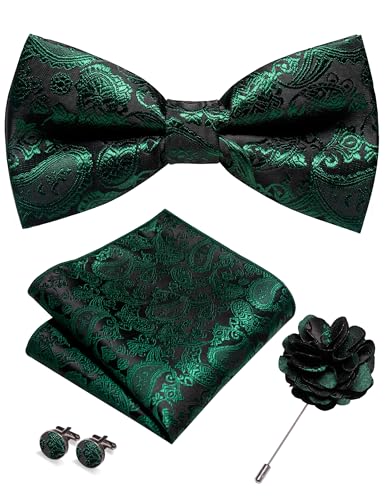 JEMYGINS Dark Green Paisley Bow Tie Pre-tied Bowtie and Pocket Square Cufflinks Lapel Pin Sets for Men(7)
