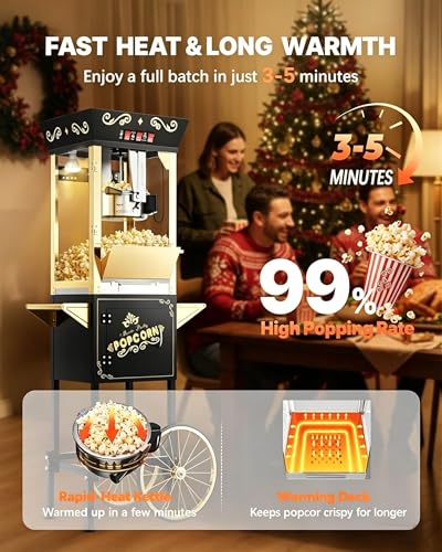 Image of 12 oz Commercial Popcorn Machine Cart, Popcorn Maker Machine with Stainless-Steel Kettle Makes Up to 48 Cups, Movie Theater Pop Corn Machine with 3-Switch Control & Tempered Glass Doors, Black