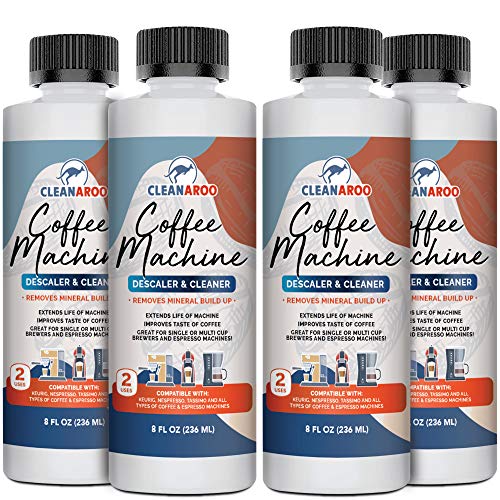 Cleanaroo Coffee Machine Descaler & Cleaner (4-Pack) - Made in the USA - Universal Descaling Solution for Keurig, Nespresso, Delonghi and All Single Use Coffee and Espresso Machines