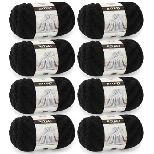 Image of Chunky Chenille Yarn for Hand Knitting 8 Jumbo Pack Jumbo Chunky Yarn for Hand Soft Blanket Knitting, Bulky Thick Fluffy Yarn for Crocheting (Black)