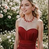 Clearine Victorian Style Statement Necklace Pierced Earrings Jewellery Set for Women Crystal Floral Cameo Inspired Oval Party Prom Jewelry Ruby Antique-Gold-Tone - Image 3