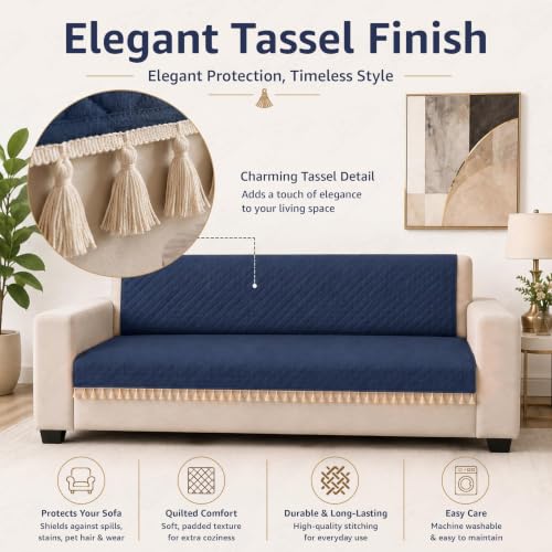 Image of Lukzer Quilted Sofa Cover Mat with Tassels for 5 Seater Sofa - Midnight Blue | Soft Washable Anti-Slip Protector for Living Room | Furniture Cover for Back-Seat Slipcover 3+1+1 Seat Cover /SC-191-5T
