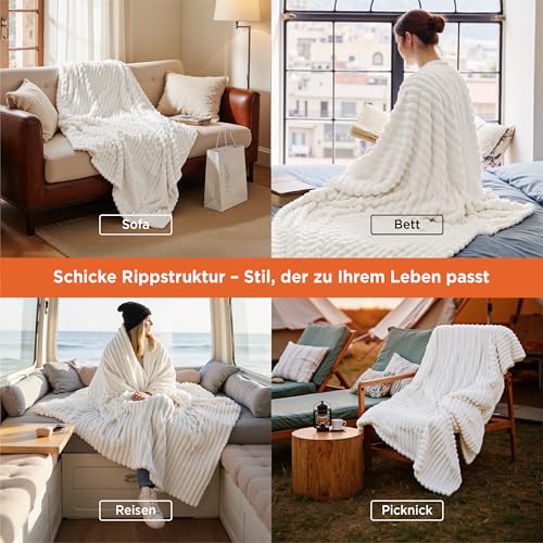 BEDSURE Kuscheldecke für Zimmer Deko - Wolldecke & Fleecedecke, Sofadecke, Weiche Warme Grobe Korddecke für Valentinstag, Wohn- & Kuscheldecken, Tagesdecke, Wollweiß, 150 x 200 cm