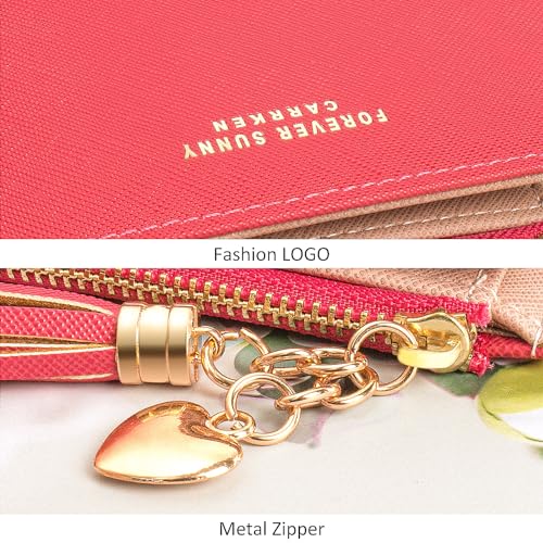 Image of KOTORA Womens Small Wallet Girls Tiny Slim Wallets Pretty Mini Card Holder Thin Short Zip Coin Purse with Love Pendant and Tassels (Cyclamen)