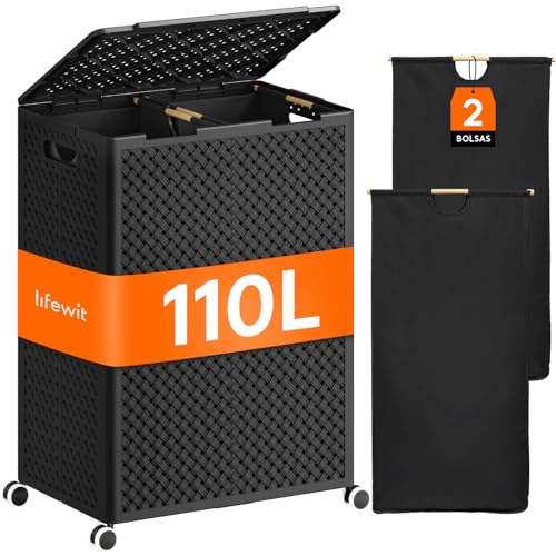 Lifewit Gran Cesto Ropa Sucia de Plástico 2 Compartimentos 110 L, Cesta Plegable con Ruedas y Bolsas Interiores Desmontables, Cubo de Ropa para Dormitorio, Baño, Lavandería, Negro