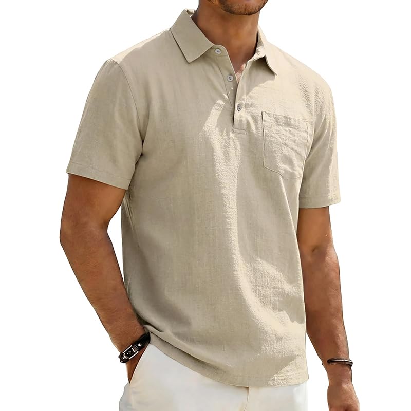 Camisas Polo para Hombre Manga Corta para Golf de Lino Casual Verano Cuello Clásico con Bolsillo miniatura 1