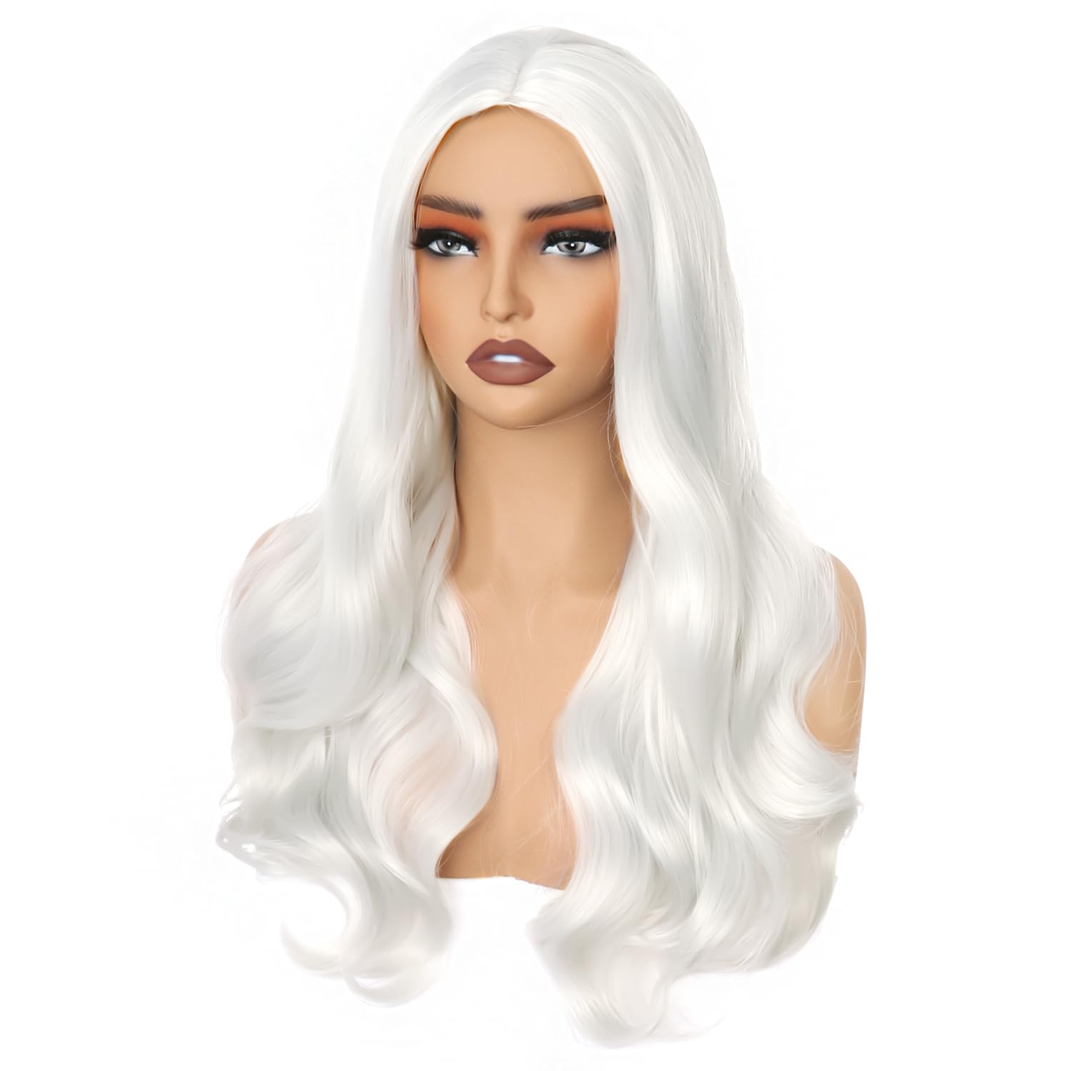 Colorfulpanda Long White Wavy Wig Middle Part for Women Girls,Natural Curly Heat Resistant Synthetic Hair Middle Part Full Wig for Halloween Costume Cosplay Party or Daily,25inch - Image 3