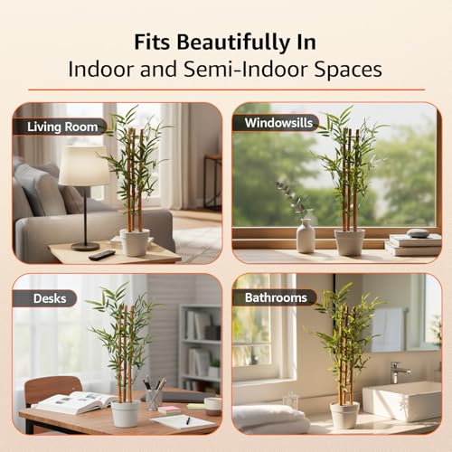 Image of amazon basics Artificial 3-Stem Bamboo Plant with Light Grey Plastic Pot | 75 cm Realistic Faux Greenery | Durable Plastic | Zero Maintenance | Indoor & Outdoor Home Office Decor