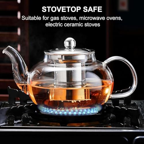 Image of Tea Pot - Glass Kettle for Gas Stove 600Ml - Borosilicate Glass Teapot with Stainless Steel Infuser, Heat-Resistant, Drip-Free Spout, Ideal for Loose Leaf & Blooming Tea, Golden Brew