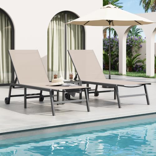 Image of Amopatio Patio Lounge Chairs Outdoor Chaise Lounges Set of 2 | Movable Pool Chairs with Wheels &Side Table Weather Resistant 5-Position Adjustable Backrest 400 LBS Capacity;Khaki