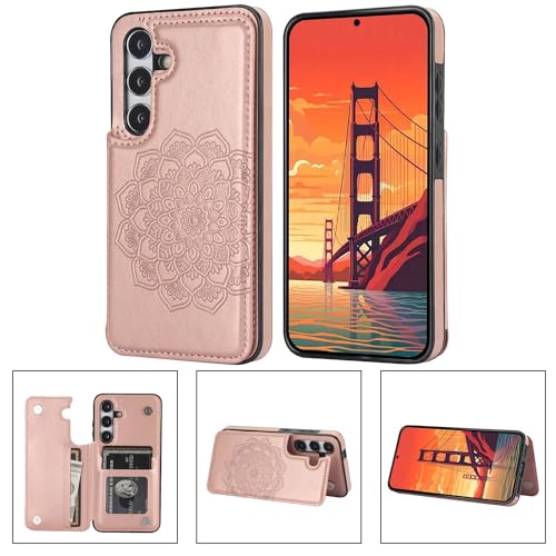 Étui en cuir or rose floral pour Samsung S25+ Plus aux finitions soignées