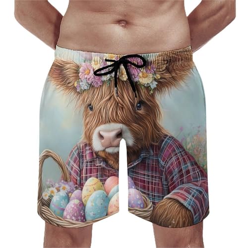 Highland Cow Easter Eggs Men's Swim Trunks Quick Dry Board Shorts Hawaiian Beach Shorts With Pocket