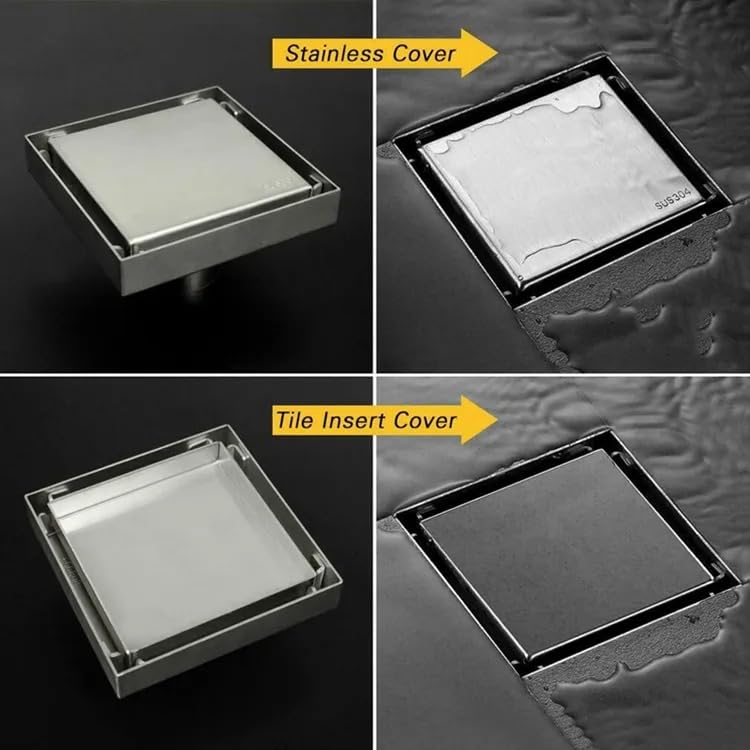 Image of 4 x 4 Inches Tile Insert Floor Drain, 304 Stainless Steel Invisible Shower Drain Channel Waste Water Floor Drain for Tile Channel with Stainless Steel Cockroach Trap