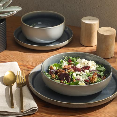 Image of Gibson Elite Sunveil 16 Piece (Service for 4) Plates and Bowls Reactive Glaze Round Dishes Stoneware Ceramic Dinnerware Set -Blue
