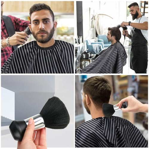 Image of FEBSNOW Barber Cape Professional Hair Cutting Cape with Neck Duster Brush | Full Coverage Haircut Apron for Adults, 47x56 inches, Adjustable Neckline, Keep Clothes Clean Dry, Home Salon Barber Supplies