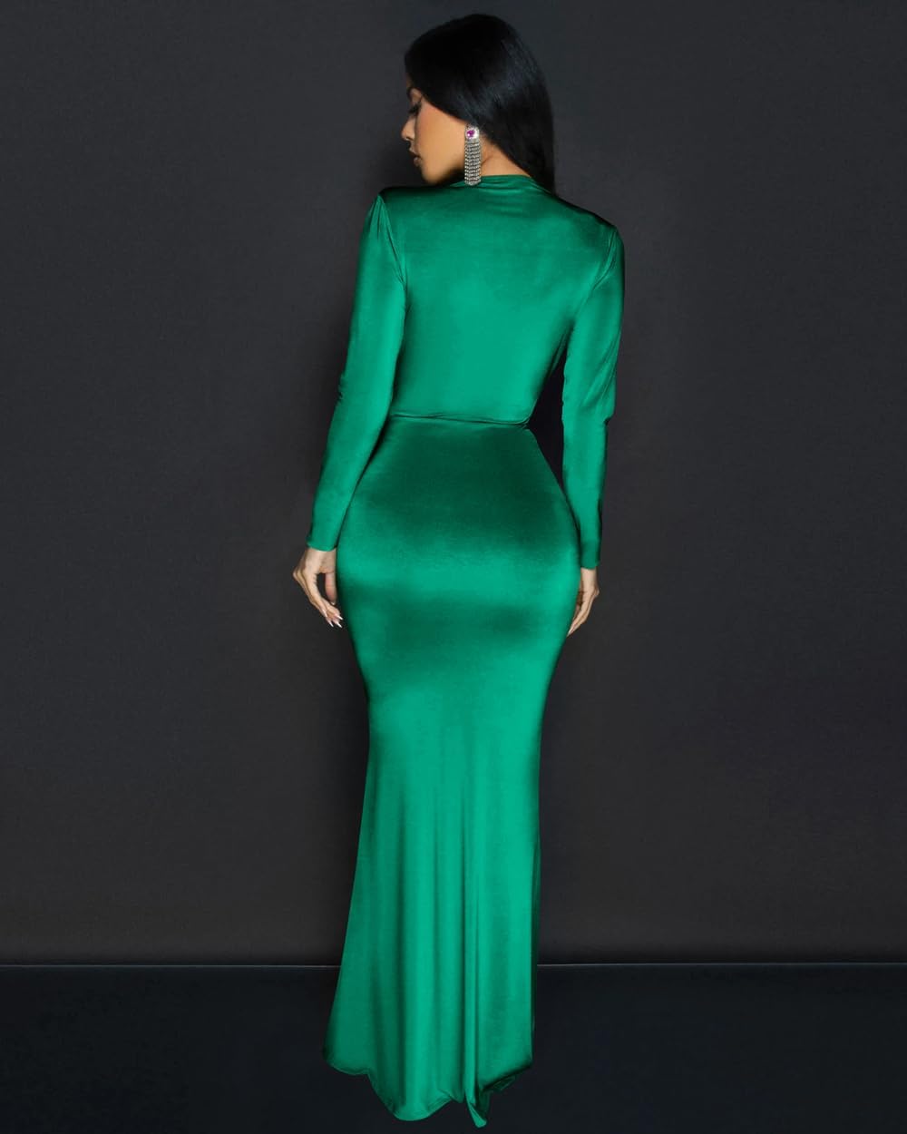 Memoriesea Women's Elegant Long Sleeve Deep V Neck Bodycon Party Evening Gown Maxi Dress - Image 5