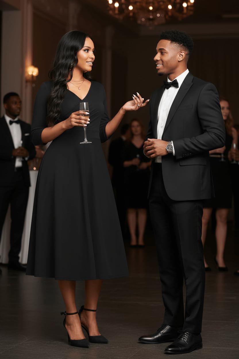 Nmoder Women's Casual Wrap Flared Midi Dress Wedding Guest Cocktail Tea Dresses A-Line Swing V-Neck 3/4 Sleeve - Image 2