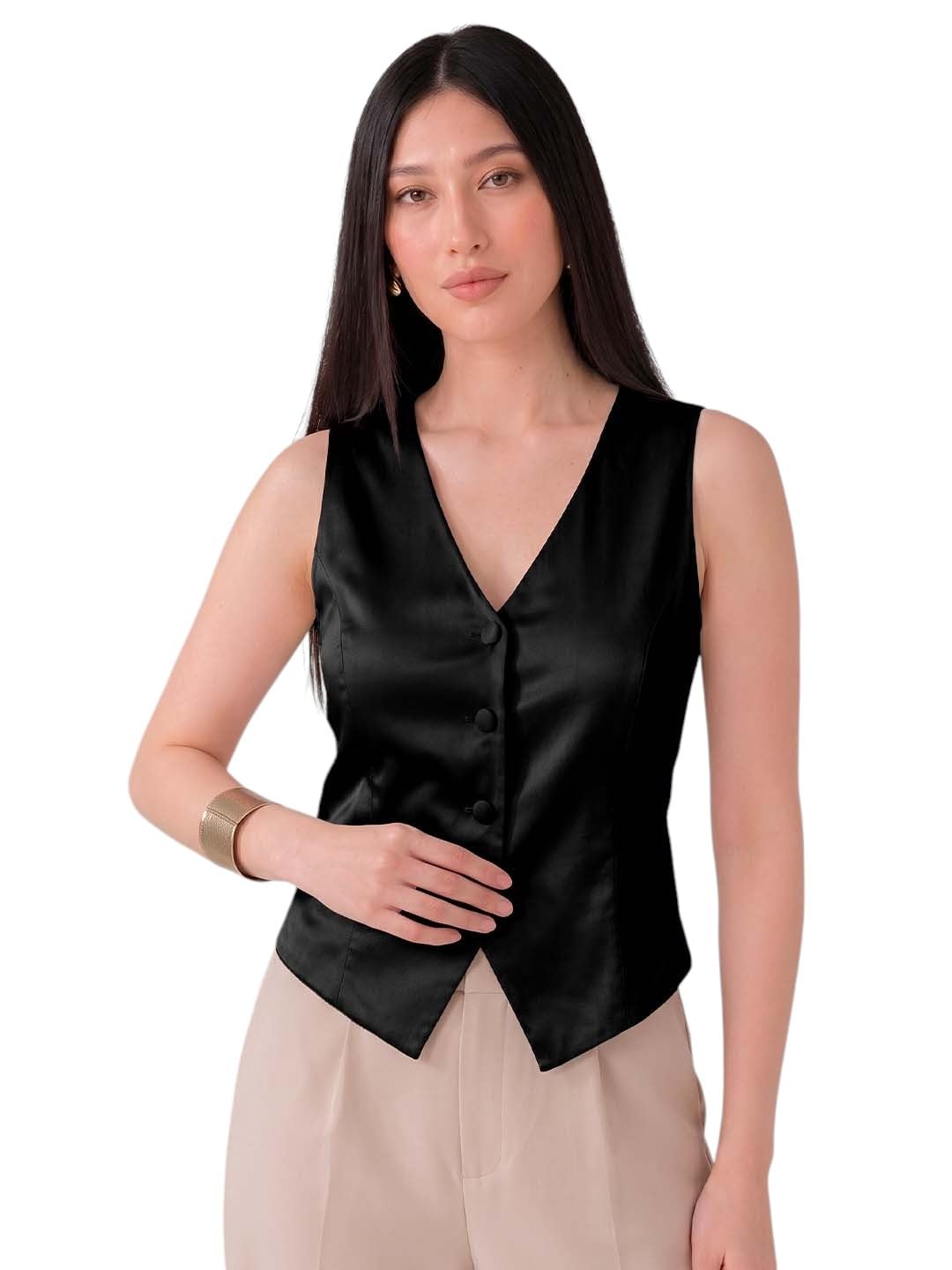 sizi Women's Satin Sleeveless V-Neck Button Waistcoat Crop Top, Stylish Western Summer Wear.-picture-11