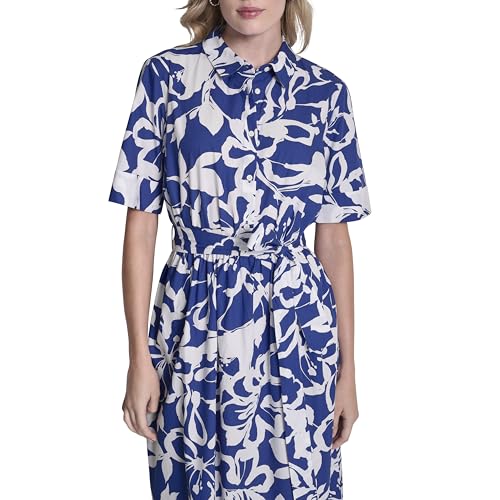 Image of DKNY Women's Short Sleeve Cotton Poplin Collared Midi Shirtdress