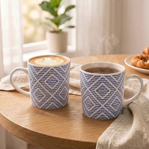 Image of U.P.C. Contemporary Geometric Blue Line Bone China Mug Set of 6, Stylish Tea Coffee Cups for Dining & Kitchen