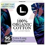 L. Ultra Thin Pads for Women, Overnight Absorbency, Organic Cotton Top Layer, Unscented Pads with Wings, 96 Count (4 Packs of 24)