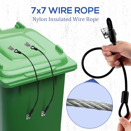 Image of PEUTIER 4 Pack Trash Can Lid Locks, Heavy Duty Nylon Coated Wire Rope Bear Proof Trash Can Lock Kit for Animal Stop from Rummaging Universal Garbage Can Latch Lock for Outdoor Garbage Cans