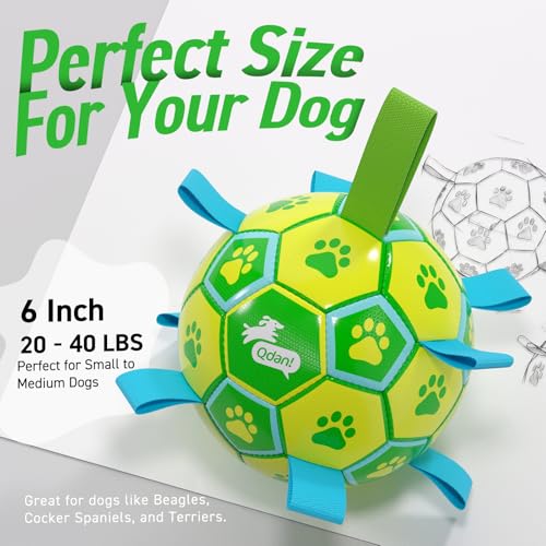 Image of QDAN Dog Toys Soccer Ball, Durable Dog Balls with Strap for 30-90 lbs Dogs | 8 Inch Soccer Toy with Tabs, Training Herding Balls for Outdoor, Dog Tug Toy for Tug of War, Puppy Birthday Gifts, Green