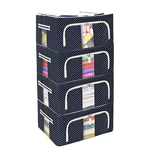 Image of FLYNGO Foldable Steel Frame Clothes Organizer Storage Box For Wardrobe, Saree, Shirts, And Blankets (24 Ltr - Pack Of 4, Oxford Fabric), Blue