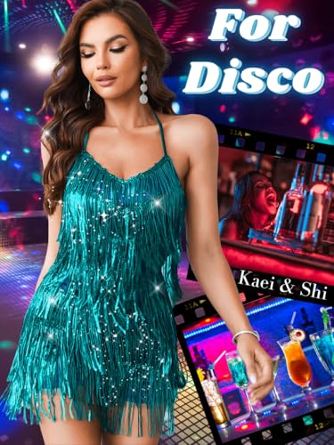 Image of Kaei&Shi Sequin Fringe Romper,Sparkly Glitter Metallic Jumpsuits For Women,Backless Shorts Dress Disco Birthday Dance Outfit