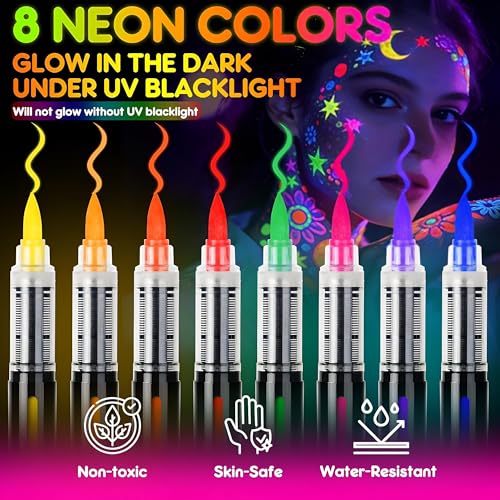 Image of UV Face & Body Paint Pens - 8 Colors Neon Fluorescent Glow Markers, Skin Safe Blacklight Reactive Body Paint for Party, Festival, Halloween, Rave, Kids & Adults (Glows Under UV Light Only)