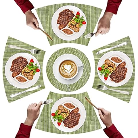 BTORER Round Table Placemats Set of 5 Wedge Placemats Heat Resistant Round Table Mats Decorative Placemats for Restaurant Hotel Party, Wipe Clean (Green) Cover