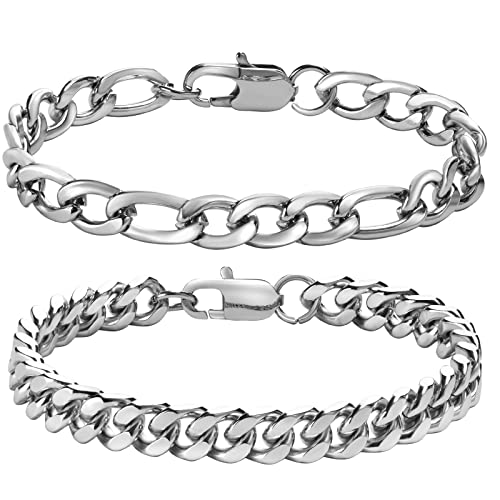 Armband Herren Jungs Edelstahl 2 Stücke- Herrenarmbänder Silber Herren Armband Figaro+Kubanisch 19cm Geschenk für Ihn DAD Freund Ehemann Bruder