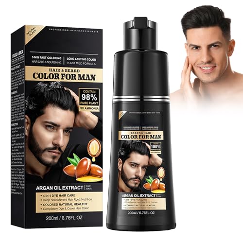 Shampoo Colorante Uomo Nero, Copertura Capelli Grigi al 100%, Crema Tinta Semipermanente per Capelli e Barba, Facile da Usare, 200 ml