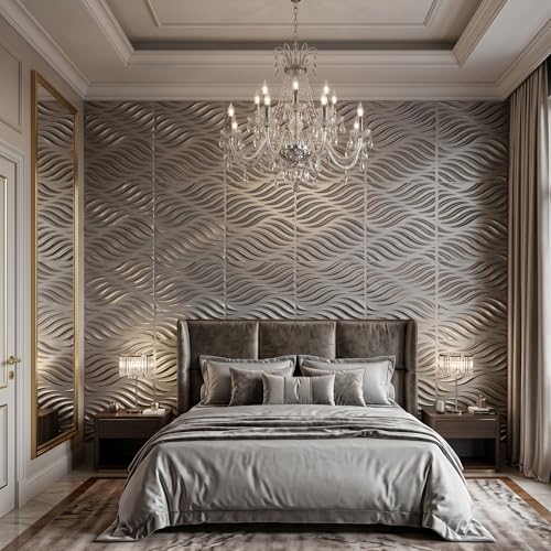 Image of Kayra Decor 3D Wall Panels Wave Design - Wood Gray Color | 19.7 inch x 19.7 inch (Pack of 12) - Covers 32.28 Sq. Ft | Premium Home & Office Wall Decoration