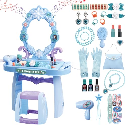 deAO Tocador De Maquillaje Niña con Taburete y Accesorios de Princesa, Conjuntos De Maquillaje y para Juegos Infantiles, Juguetes Niña de 3 a 12 Años