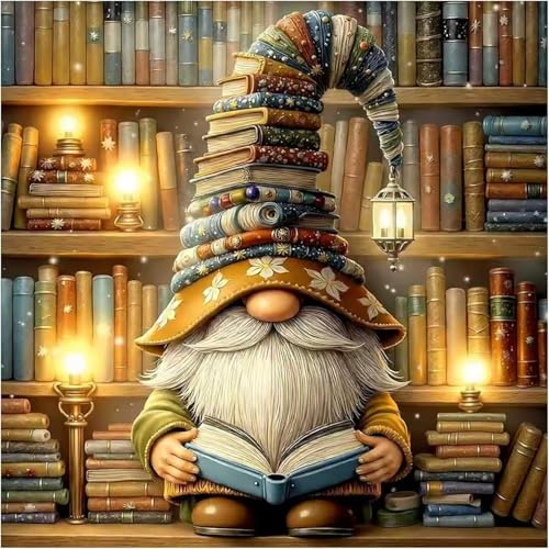 Image of Book Gnome Cross Stitch Kits, Book Gnome Cross Stitch Patterns,Dimensions Cross Stitch Kits Embroidery Kit Arts and Crafts for Beginners 13.7x13.7 inch