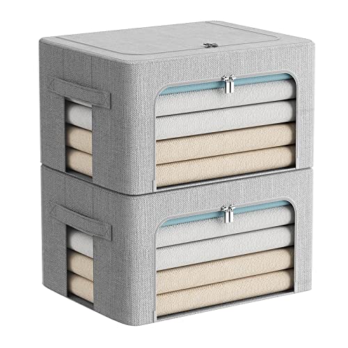 Image of FHSQX 2 Pack Clothes Storage Bins Stackable Metal Frame Storage Box Foldable Linen Fabric Organizer with Carrying Handles and Clear Window (Light Gray, 15.7x 11.8x 7.8Inch)