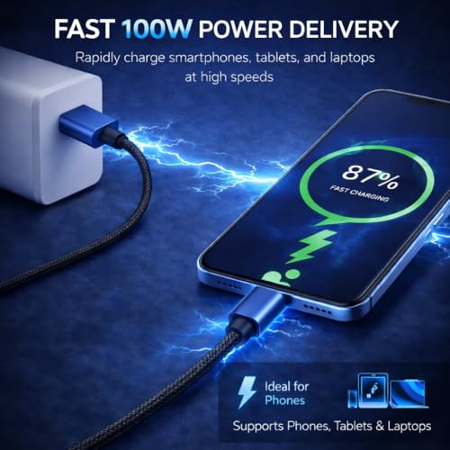 Image of ELVIX Fast Charging USB C Cable 100W PD - 480Mbps High Speed Data Sync - Durable Nylon Braided Type C Charger Cable for Smartphones, Tablets & Charging Devices